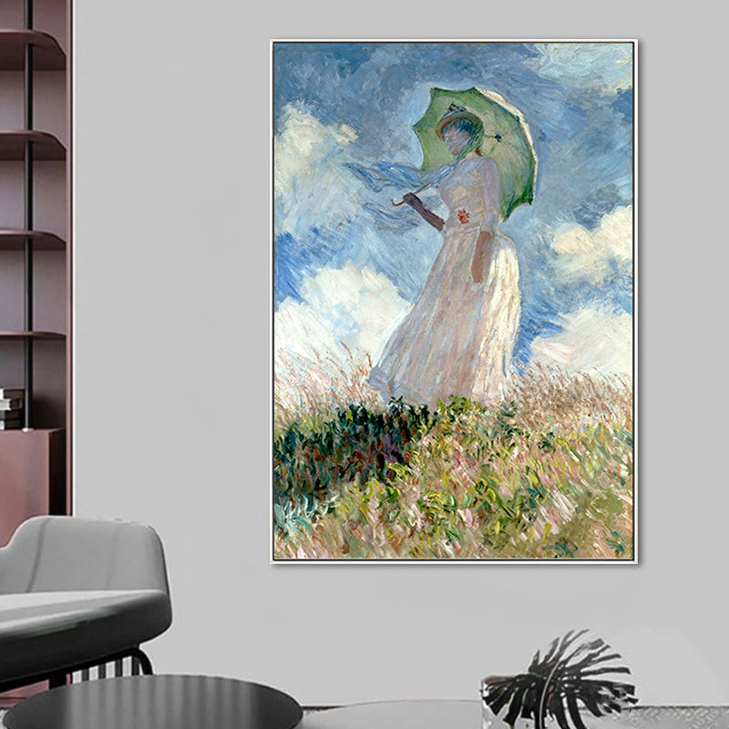 Brehn | Monet Gemälde Leinwanddruck für Zuhause Frau mit einem Sonnenschirm Wandkunst in Blau, Textur