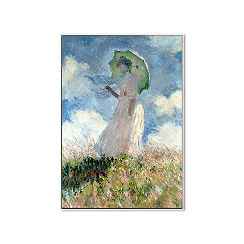 Brehn | Monet Gemälde Leinwanddruck für Zuhause Frau mit einem Sonnenschirm Wandkunst in Blau, Textur