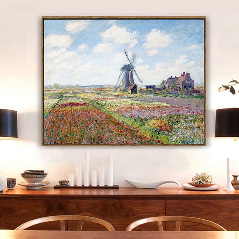 Brehn | Windmühle und Blumenfeld Leinwand Wandkunst Traditionelles Texturgemälde in Blau