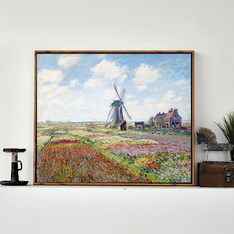 Brehn | Windmühle und Blumenfeld Leinwand Wandkunst Traditionelles Texturgemälde in Blau