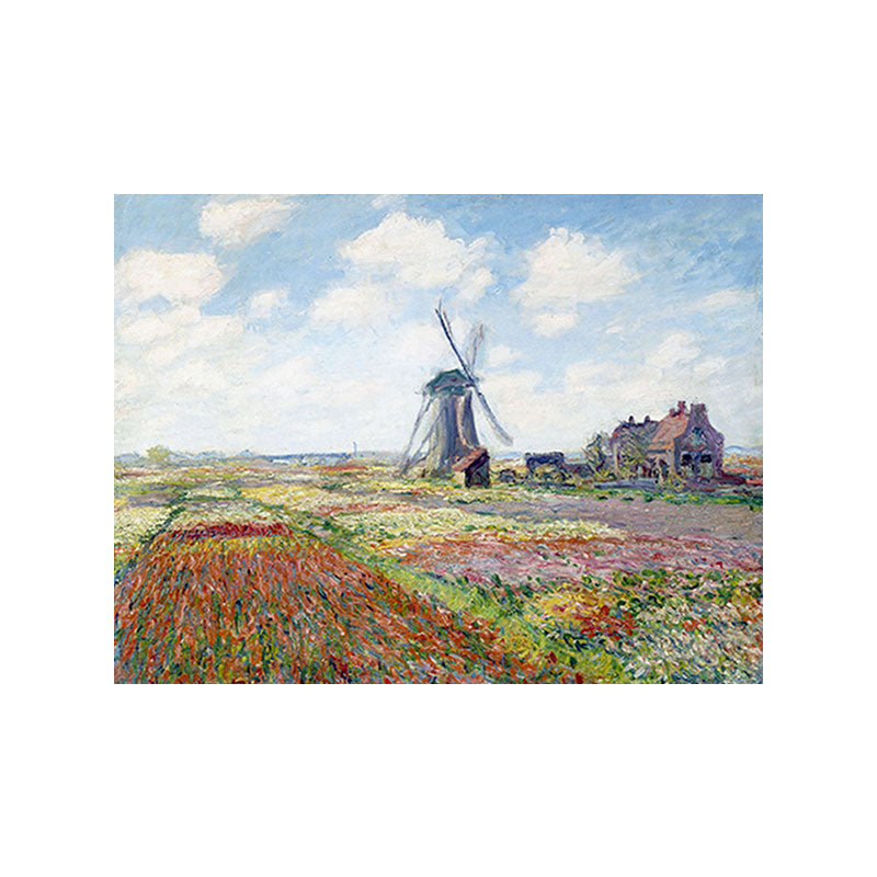 Brehn | Windmühle und Blumenfeld Leinwand Wandkunst Traditionelles Texturgemälde in Blau