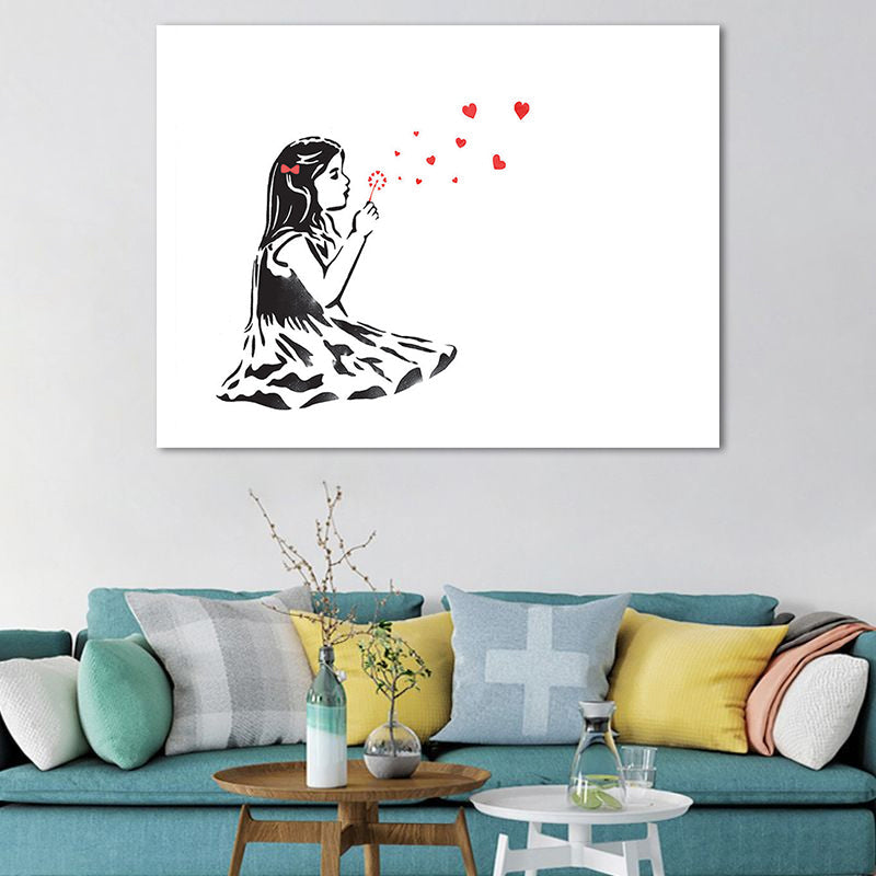 Brehn | Kleines Mädchen, das Löwenzahn auf rotem modernen Stil Leinwand-Wandkunst für das Schlafzimmer spielt