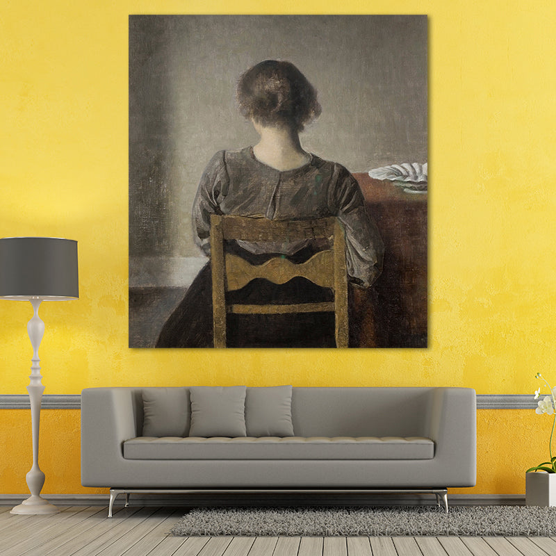 Brehn | Hammershoi Frau Rückseite Leinwand Kunst Traditionelle Texturierte Oberfläche Wanddekoration in Dunkler Farbe