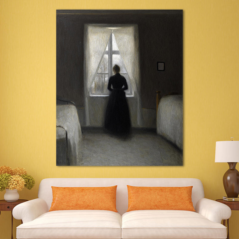 Brehn | Hammershoi Frau Rückseite Leinwand Kunst Traditionelle Texturierte Oberfläche Wanddekoration in Dunkler Farbe