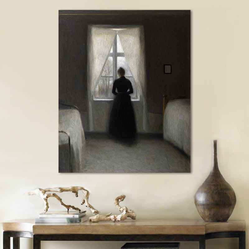 Brehn | Hammershoi Frau Rückseite Leinwand Kunst Traditionelle Texturierte Oberfläche Wanddekoration in Dunkler Farbe