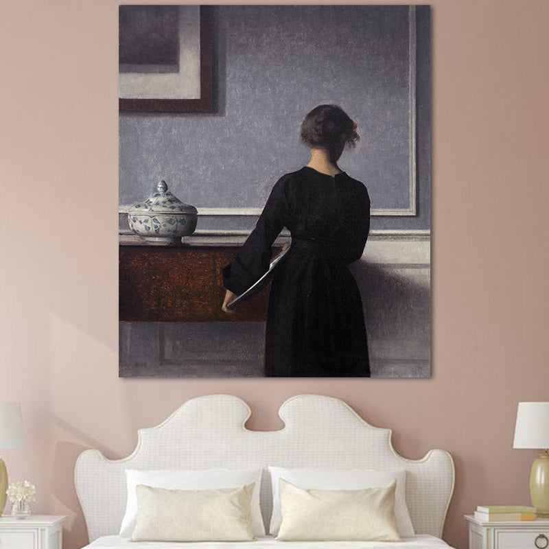Brehn | Hammershoi Frau Rückseite Leinwand Kunst Traditionelle Texturierte Oberfläche Wanddekoration in Dunkler Farbe