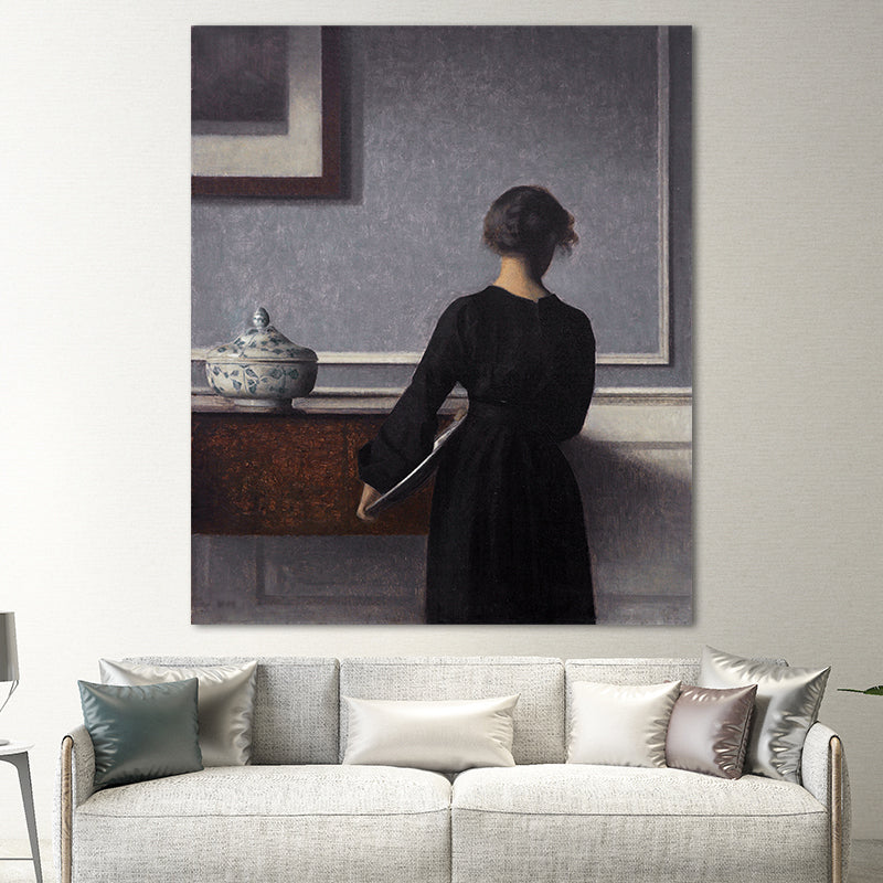 Brehn | Hammershoi Frau Rückseite Leinwand Kunst Traditionelle Texturierte Oberfläche Wanddekoration in Dunkler Farbe