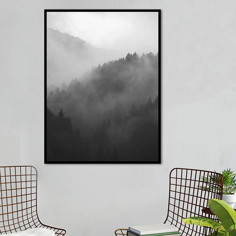 Brehn | Dunkle Farbe Nebelige Berge Leinwandkunst Natur Landschaft Moderne Texturierte Wanddekoration