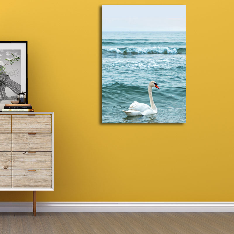 Brehn | Moderner Ozean Schwan Leinwanddruck Blau und Weiß Texturiert Wandkunst für Schlafzimmer