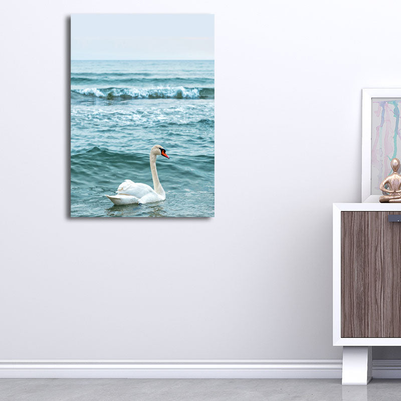 Brehn | Moderner Ozean Schwan Leinwanddruck Blau und Weiß Texturiert Wandkunst für Schlafzimmer