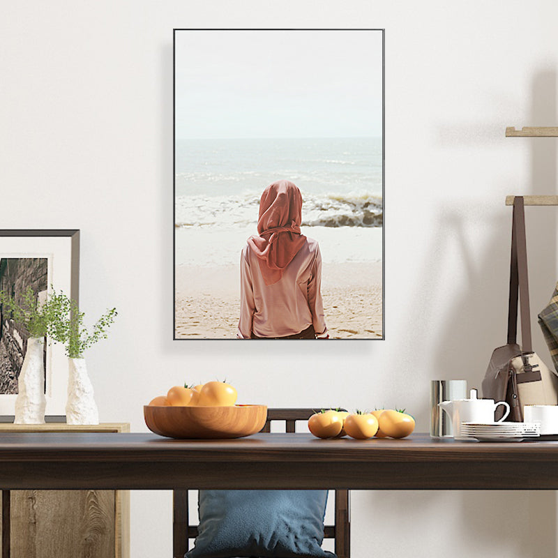 Brehn | Tropics Beach Wandkunst Dekor Rotes Mädchen, das allein auf das Meer schaut, Leinwanddruck für den Raum