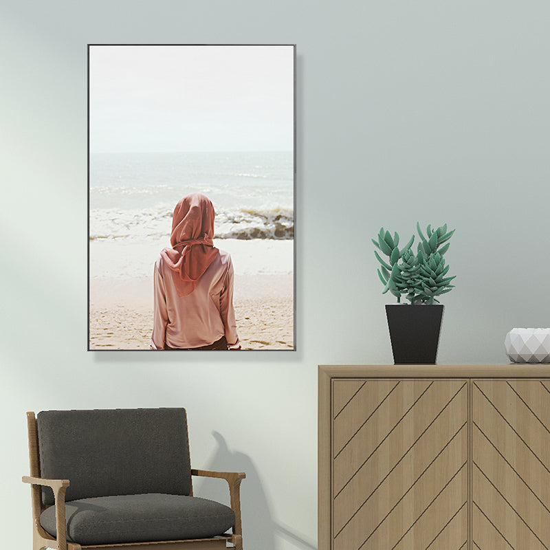 Brehn | Tropics Beach Wandkunst Dekor Rotes Mädchen, das allein auf das Meer schaut, Leinwanddruck für den Raum