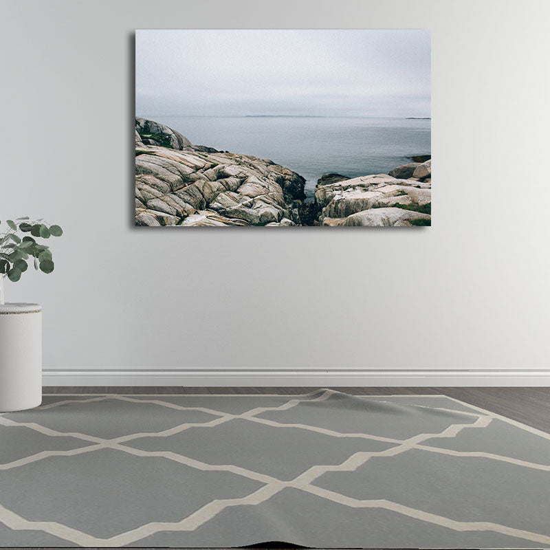 Brehn | Leinwandtexturierte Wanddekoration Tropische Seascape vom Felsenstrand Kunstdruck in Blau