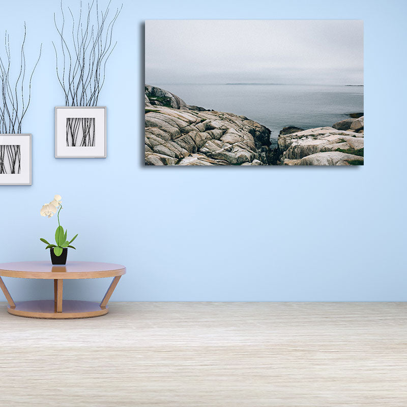 Brehn | Leinwandtexturierte Wanddekoration Tropische Seascape vom Felsenstrand Kunstdruck in Blau
