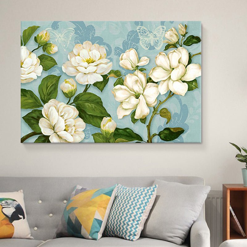 Brehn | Großes blühendes Magnolien-Gemälde Leinwandkunst für das Schlafzimmer, Blau und Weiß, Texturierte Oberfläche