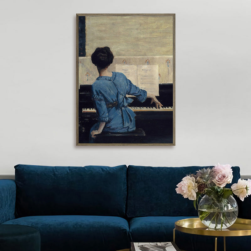Brehn | Sitzendes Mädchen und Klavier Gemälde Vintage Stil Leinwand Texturiert Wanddekoration in Blau