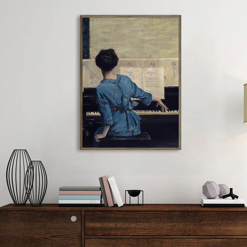 Brehn | Sitzendes Mädchen und Klavier Gemälde Vintage Stil Leinwand Texturiert Wanddekoration in Blau