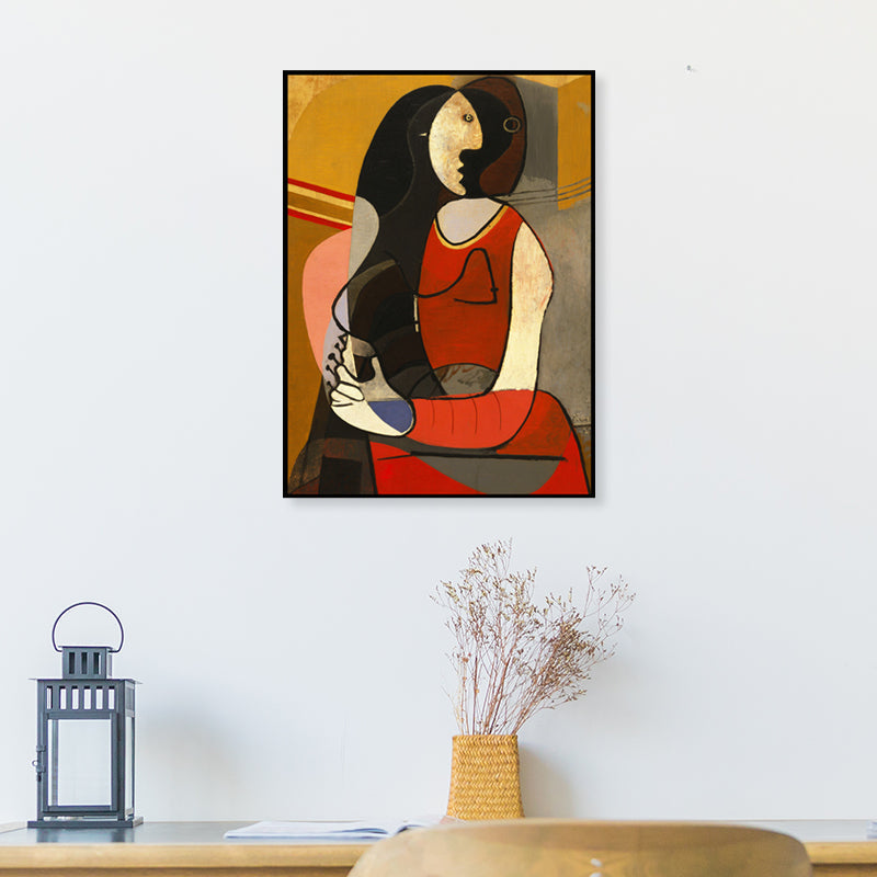 Brehn | Picasso-Stil Sitzende Frau Malerei Traditionelle Leinwand Wandkunst in Rot und Schwarz