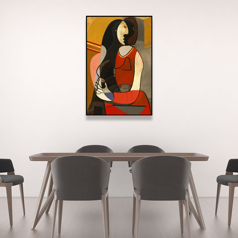 Brehn | Picasso-Stil Sitzende Frau Malerei Traditionelle Leinwand Wandkunst in Rot und Schwarz