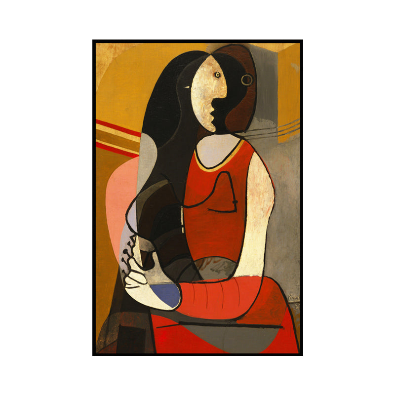 Brehn | Picasso-Stil Sitzende Frau Malerei Traditionelle Leinwand Wandkunst in Rot und Schwarz