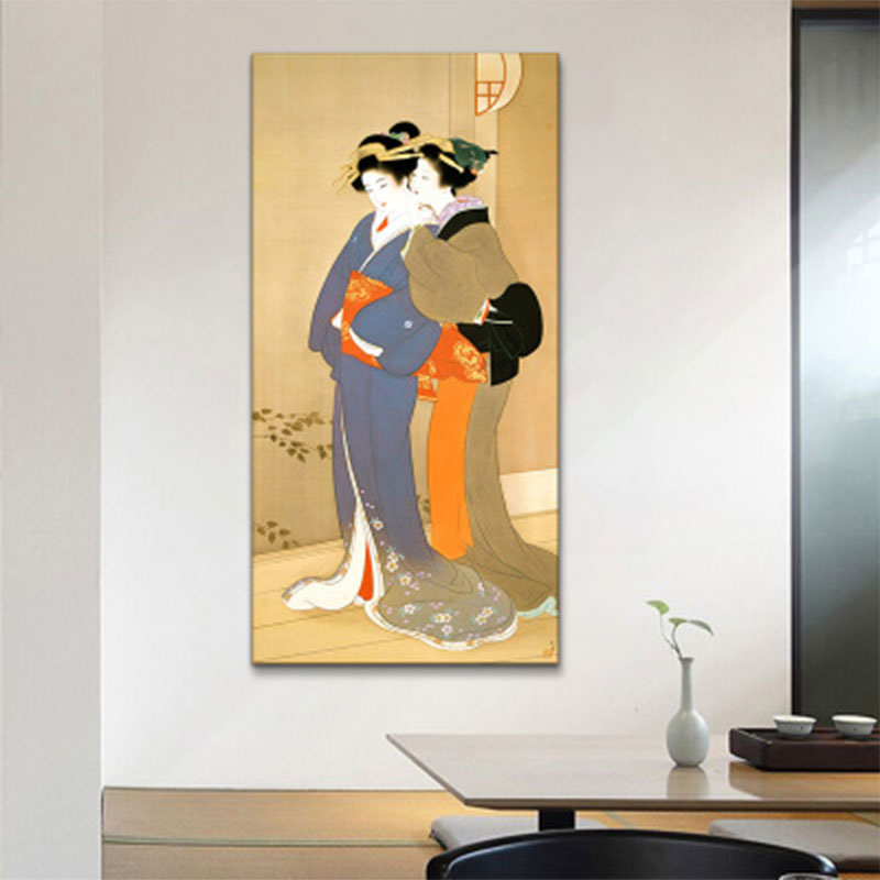 Brehn | Orange Flüsternde Frau Wandkunst Ukiyoe Asiatische Texturierte Canvas-Druck für Gästezimmer