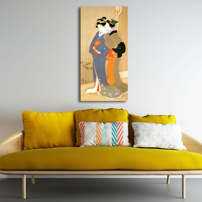 Brehn | Orange Flüsternde Frau Wandkunst Ukiyoe Asiatische Texturierte Canvas-Druck für Gästezimmer