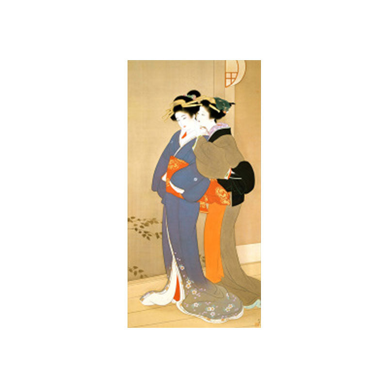 Brehn | Orange Flüsternde Frau Wandkunst Ukiyoe Asiatische Texturierte Canvas-Druck für Gästezimmer
