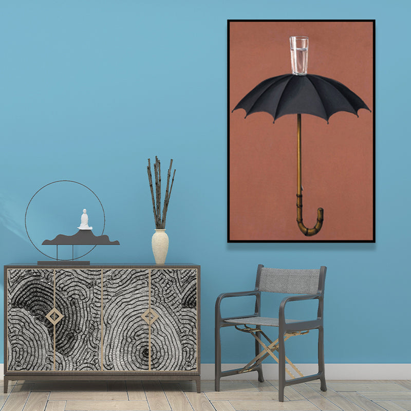 Brehn | Regenschirm und Becher Wasser Malerei Nordisch Texturiertes Eingewickeltes Leinwand für Schlafzimmer (Mehrere Größenoptionen)