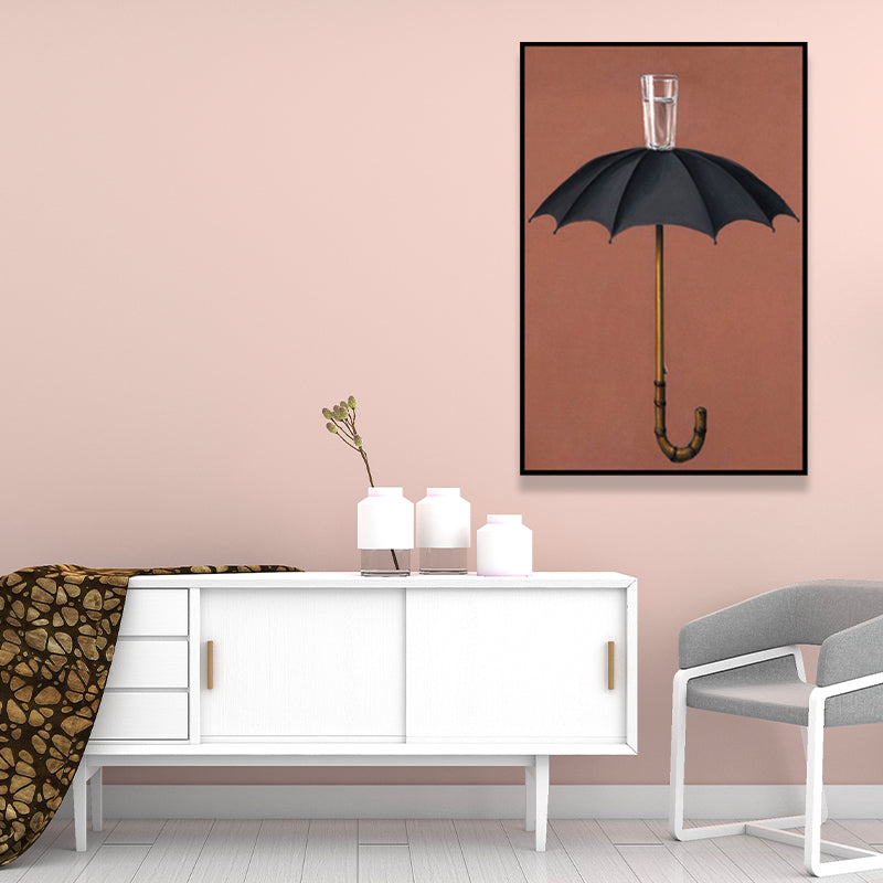 Brehn | Regenschirm und Becher Wasser Malerei Nordisch Texturiertes Eingewickeltes Leinwand für Schlafzimmer (Mehrere Größenoptionen)