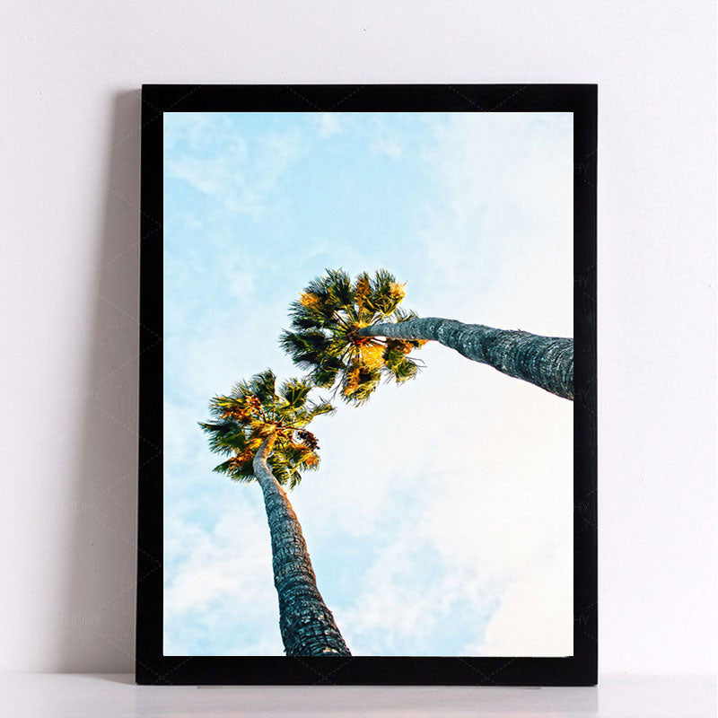 Brehn | Palm Tree Looking-Up Leinwanddruck Tropische Texturierte Wandkunst in Blau für Zuhause