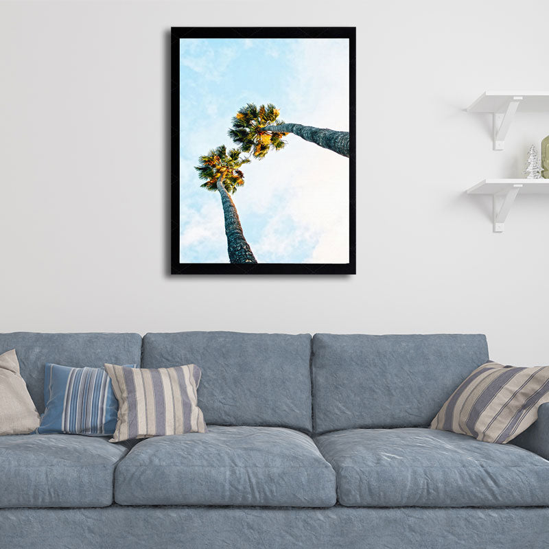 Brehn | Palm Tree Looking-Up Leinwanddruck Tropische Texturierte Wandkunst in Blau für Zuhause