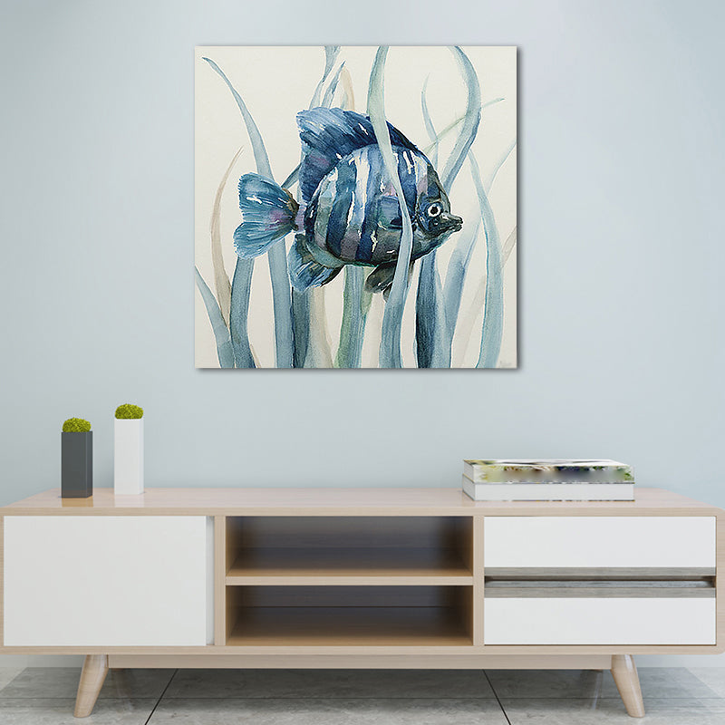 Brehn | Tropische Fische Wandkunst Druck Leinwand Texturierte Oberfläche Blaue Wanddekoration für das Kinderzimmer