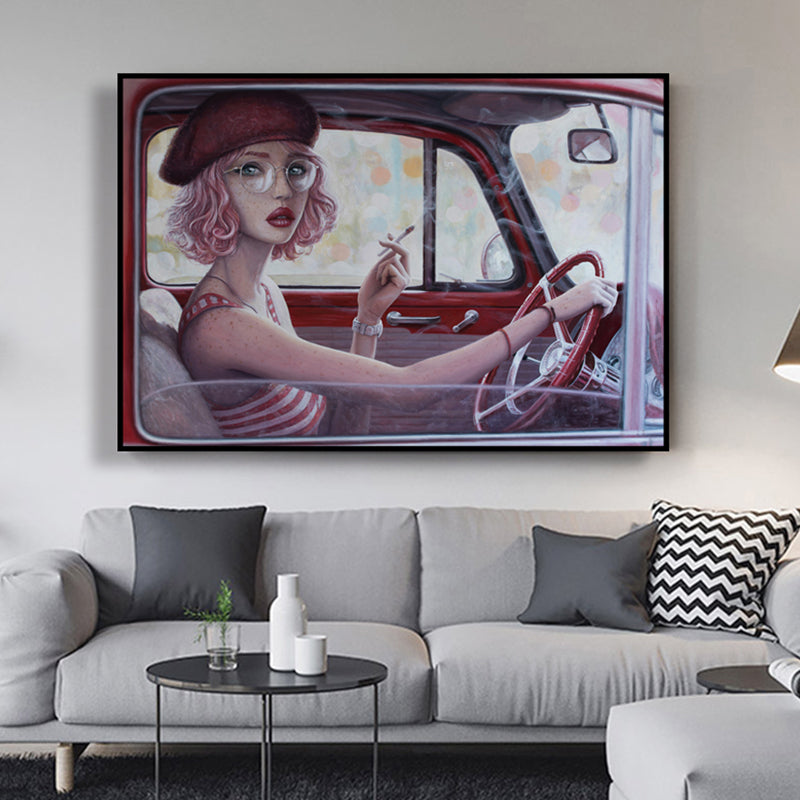 Brehn | Rotes Mädchen Autofahren Malerei Texturierte Oberfläche Traditionelle Esszimmer Wandkunst