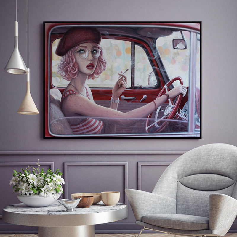 Brehn | Rotes Mädchen Autofahren Malerei Texturierte Oberfläche Traditionelle Esszimmer Wandkunst