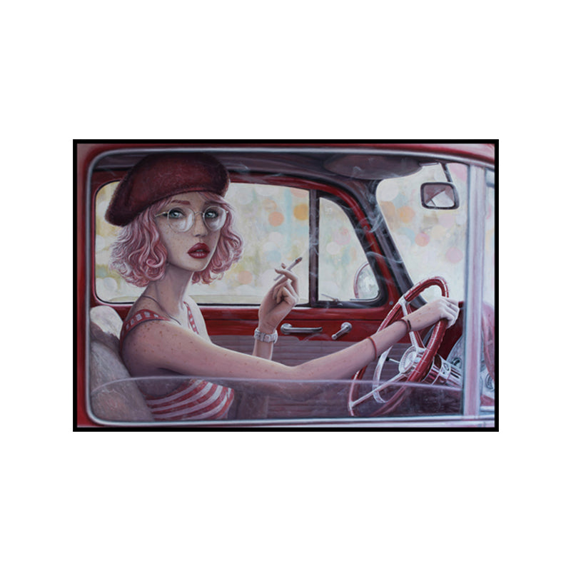 Brehn | Rotes Mädchen Autofahren Malerei Texturierte Oberfläche Traditionelle Esszimmer Wandkunst