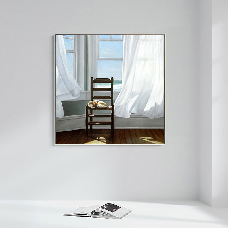 Brehn | Kat und Fenster Malerei Leinwand Pastellfarbe traditionelle Wandkunst für das Wohnzimmer