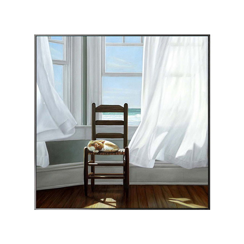 Brehn | Kat und Fenster Malerei Leinwand Pastellfarbe traditionelle Wandkunst für das Wohnzimmer