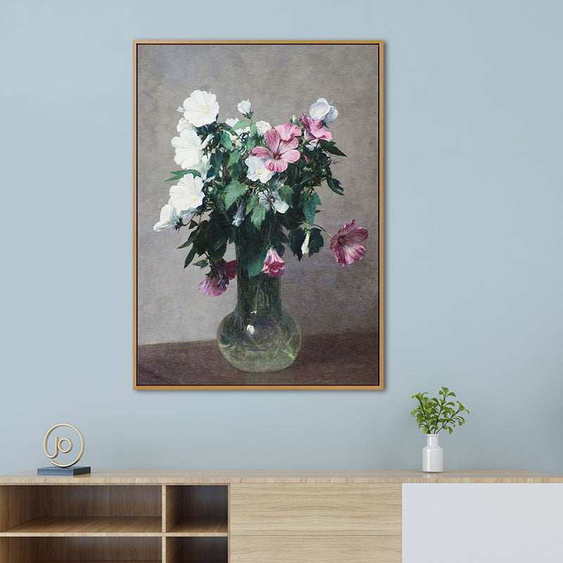 Brehn | Stillleben Blüte Vase Malerei Traditionelle Leinwand Wandkunst Dekor in Grün auf Grau