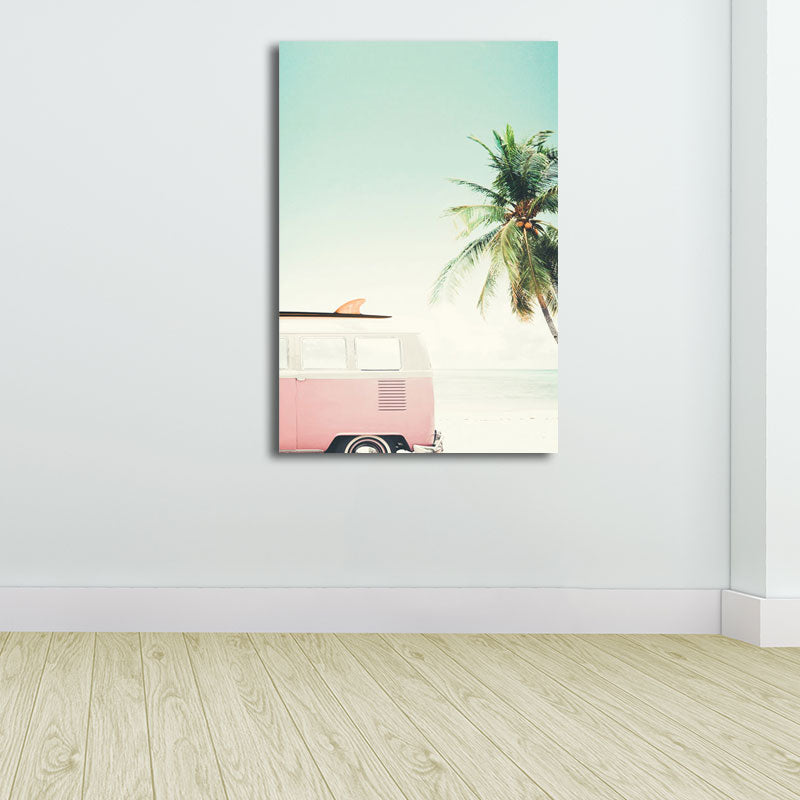 Brehn | Bus und Kokosbaum Leinwand Tropisches Texturiertes Wandkunst-Druck in Grün und Rosa für Raum