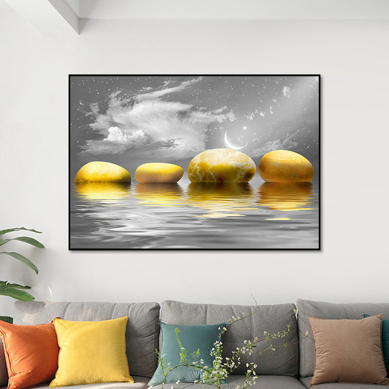 Brehn | Big Pebbles Wandkunstdruck Glam Magische Nacht Meerlandschaft Leinwand in Gold für Schlafzimmer
