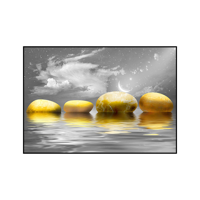 Brehn | Big Pebbles Wandkunstdruck Glam Magische Nacht Meerlandschaft Leinwand in Gold für Schlafzimmer
