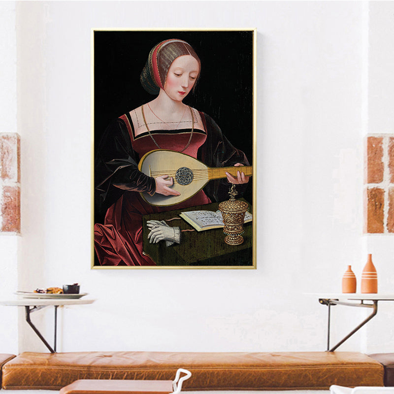 Brehn | Rotes Frau, die Laute spielende Malerei, musikalische, vintage, strukturierte Leinwandkunst für das Wohnzimmer