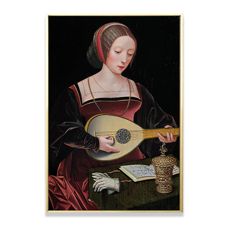 Brehn | Rotes Frau, die Laute spielende Malerei, musikalische, vintage, strukturierte Leinwandkunst für das Wohnzimmer