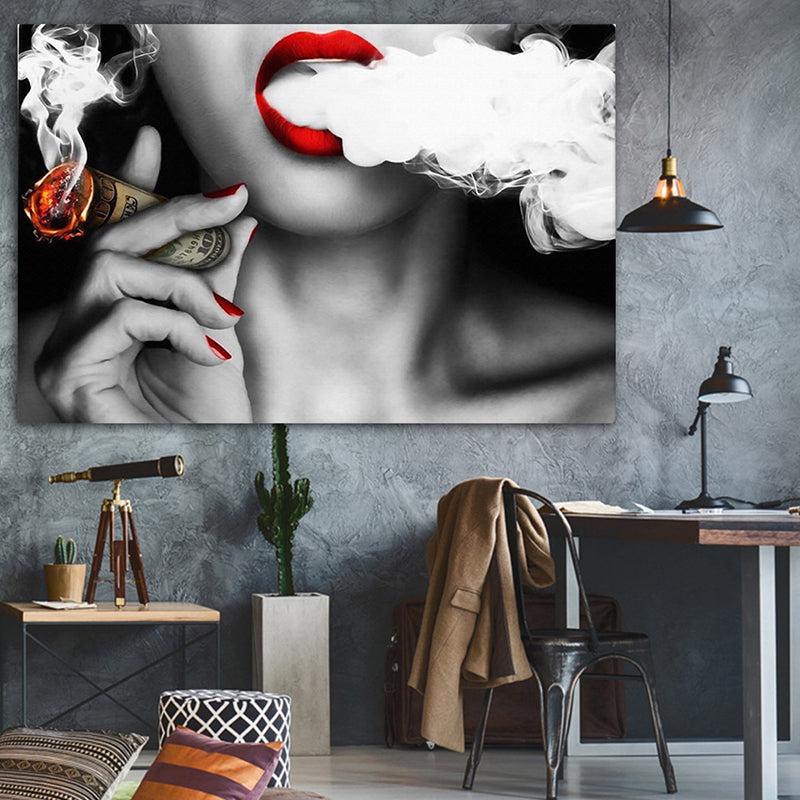 Brehn | Fotografie Frau Rauchen Leinwand Wandkunst für Mädchen Schlafzimmer, Rot und Grau, Texturiert