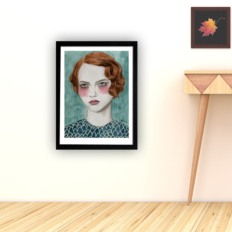 Brehn | Mädchen Zeichnung Wandkunst Dekor Grün Traditionelle Leinwand für Hausinterieur, Texturiert