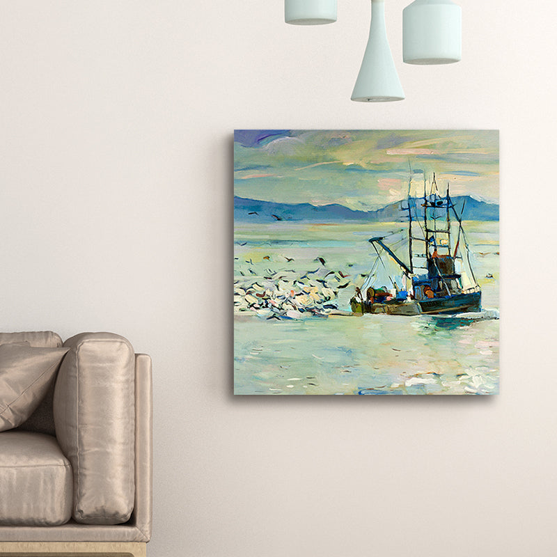 Brehn | Traditionelle Wandkunstdruck Blauer Möwe und Fischerboot auf dem Ozean Gemälde für Zuhause
