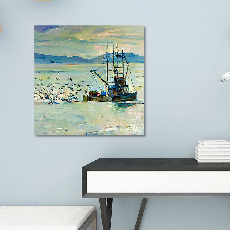 Brehn | Traditionelle Wandkunstdruck Blauer Möwe und Fischerboot auf dem Ozean Gemälde für Zuhause