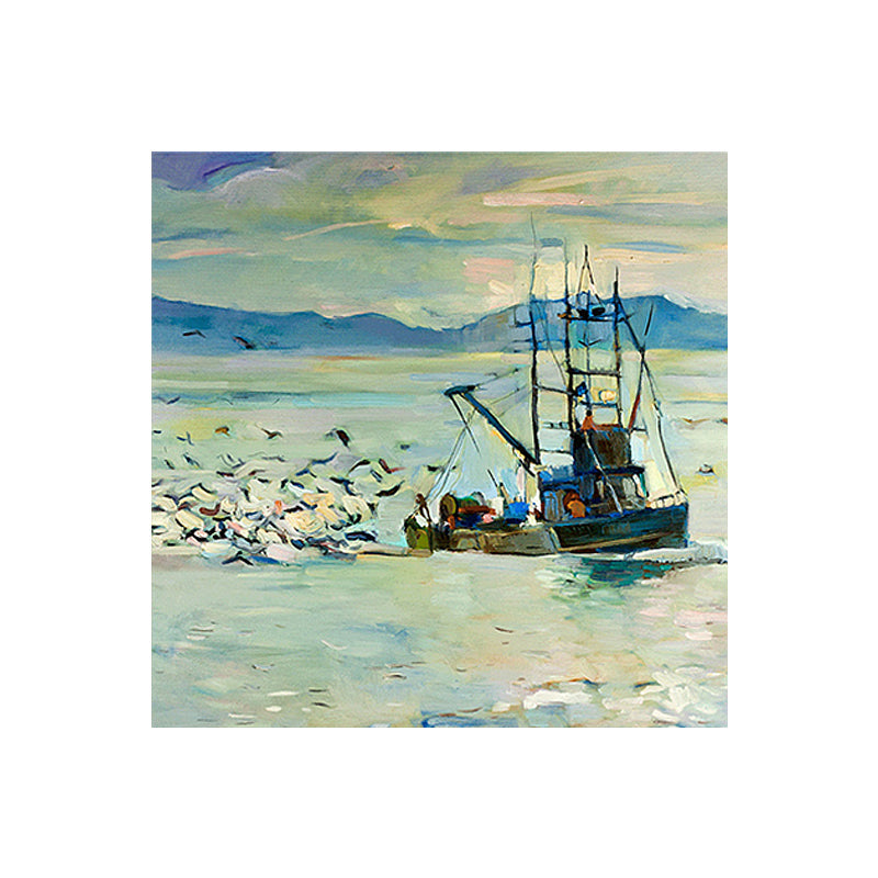 Brehn | Traditionelle Wandkunstdruck Blauer Möwe und Fischerboot auf dem Ozean Gemälde für Zuhause