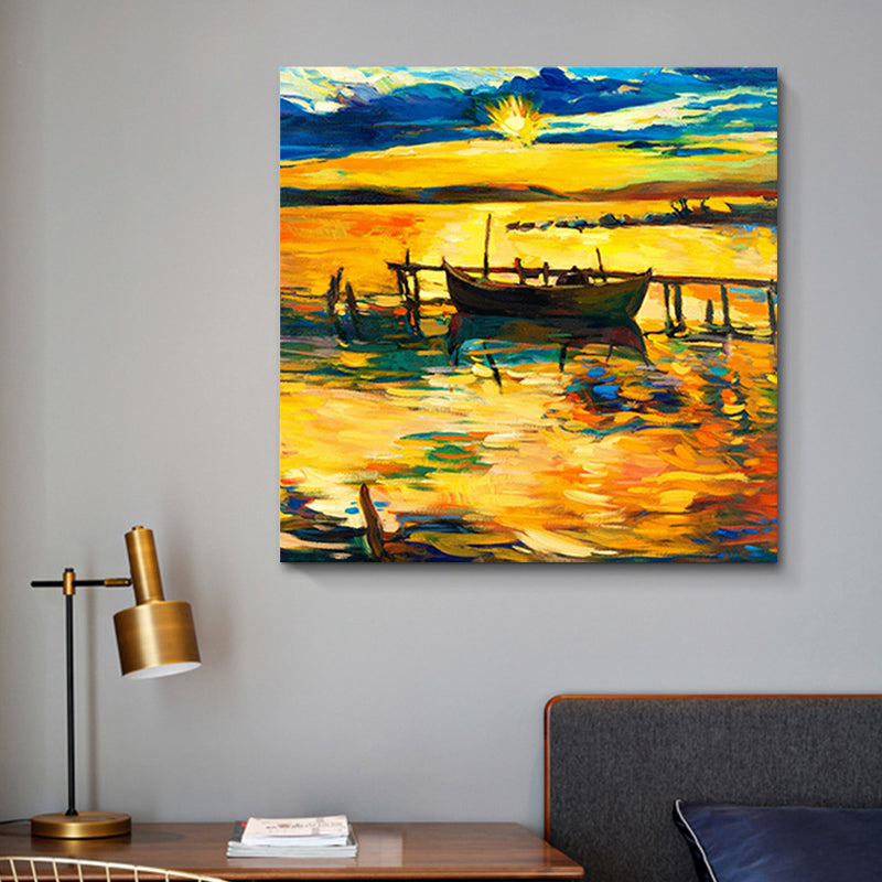 Brehn | Boot und Sonnenuntergang Seascape Gemälde Leinwanddruck Orange Tropix Wandkunst für das Familienzimmer