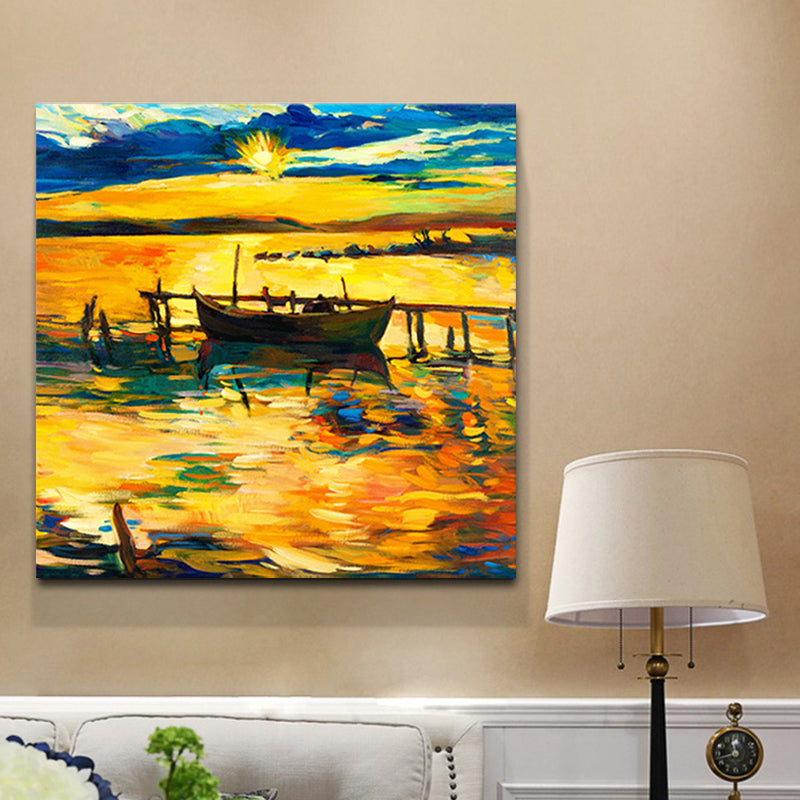 Brehn | Boot und Sonnenuntergang Seascape Gemälde Leinwanddruck Orange Tropix Wandkunst für das Familienzimmer